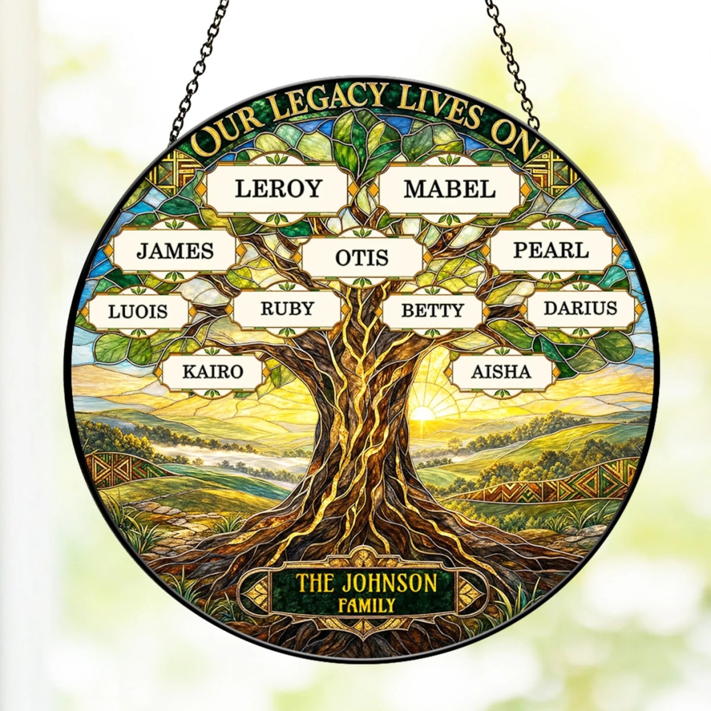 Stained glass style acrylic suncatcher featuring a family tree design with custom names for a memorial family gift.