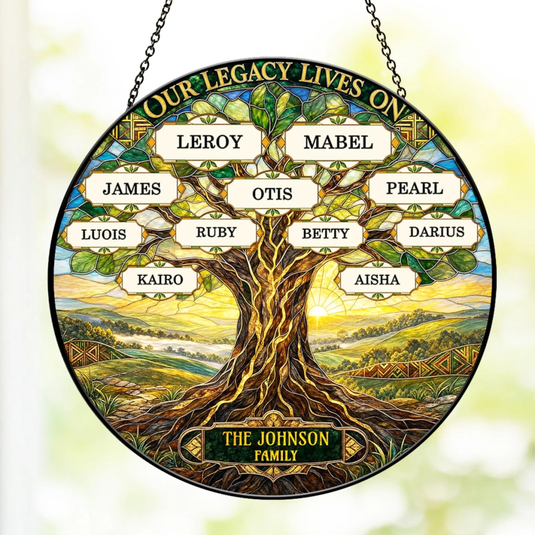 Stained glass style acrylic suncatcher featuring a family tree design with custom names for a memorial family gift.