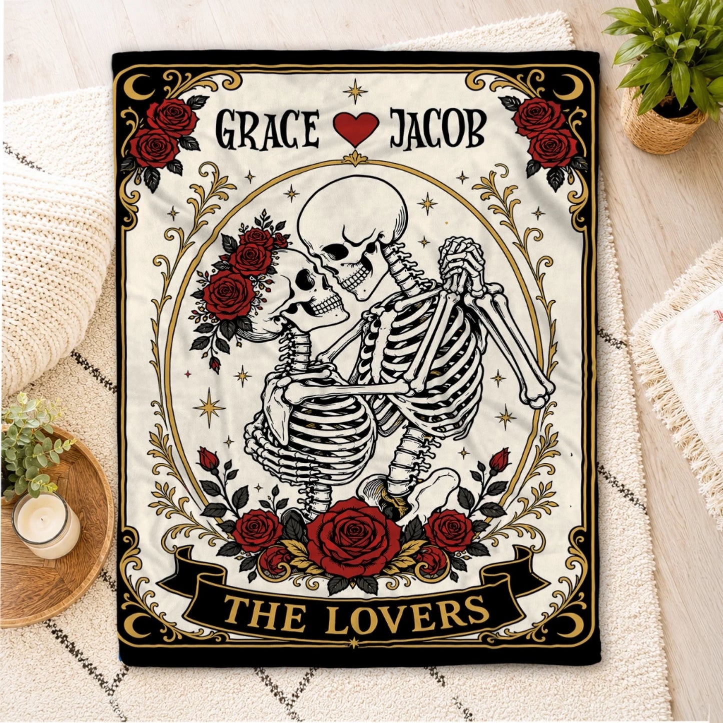 Personalized skeleton lovers throw blanket with red roses and custom names Grace and Jacob for a unique romantic gift.