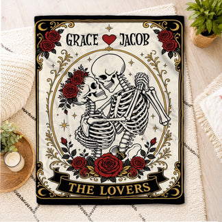 Personalized skeleton lovers throw blanket with red roses and custom names Grace and Jacob for a unique romantic gift.