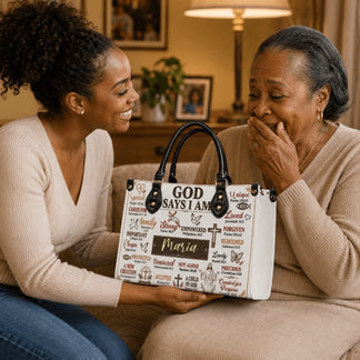 A young woman surprising her grandmother with a personalized faith-themed handbag featuring scripture and names.
