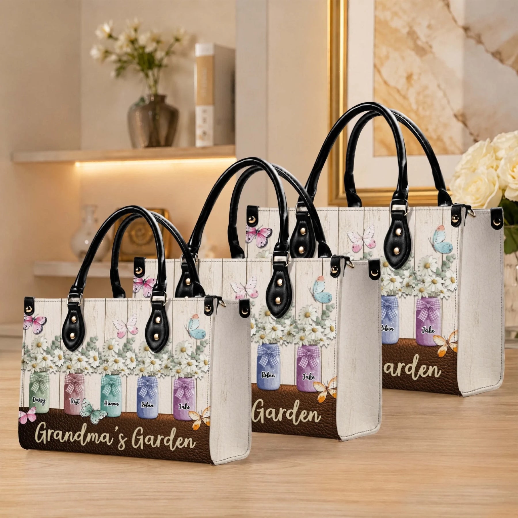 Collection of custom grandma garden handbags featuring mason jar floral designs perfect for family gifts.