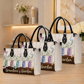 Collection of custom grandma garden handbags featuring mason jar floral designs perfect for family gifts.