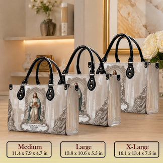 Religious themed tote bags shown in medium large and extra large sizes with custom Jesus Christ artwork and text.