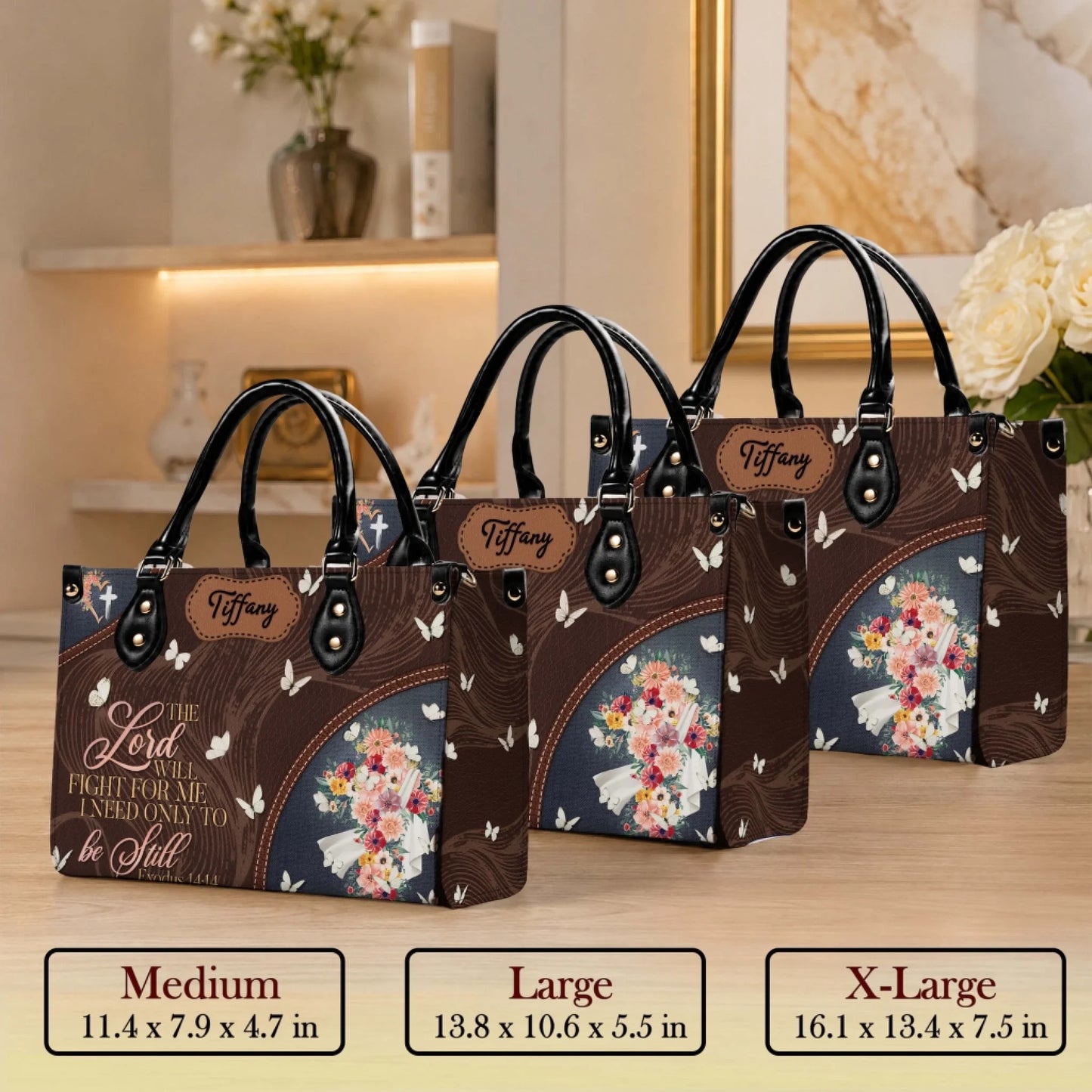 Three different sizes of personalized faux leather tote bags featuring floral butterfly art and the custom name Tiffany.