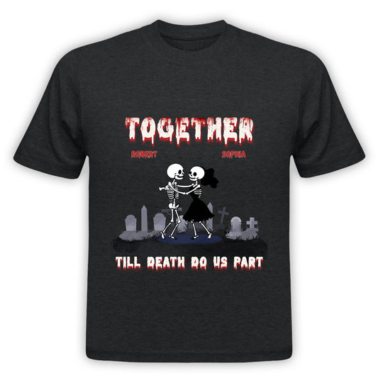 Customized skeleton couple tshirt with names Robert and Sophia perfect for a spooky Halloween themed couple gift.