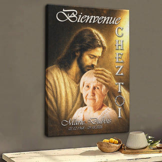 Toile commemorative personnalisee avec Marie Dubois 1968 2026 et Jesus accueillant une femme defunte en cadeau hommage