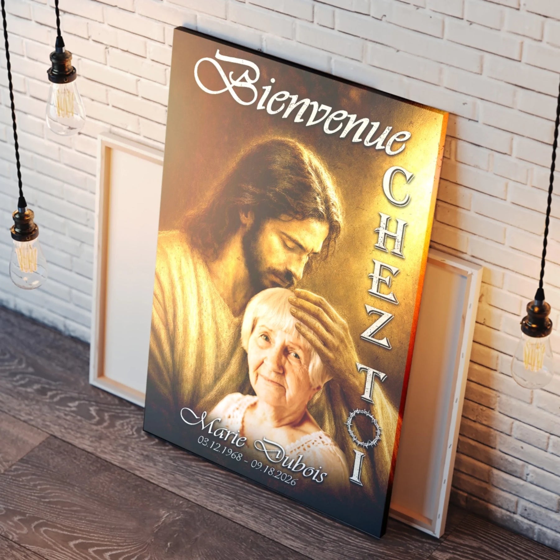 Toile deuil personnalisee representant Jesus accueillant Marie Dubois avec dates pour un cadeau hommage commemorable