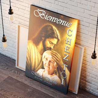 Toile deuil personnalisee representant Jesus accueillant Marie Dubois avec dates pour un cadeau hommage commemorable