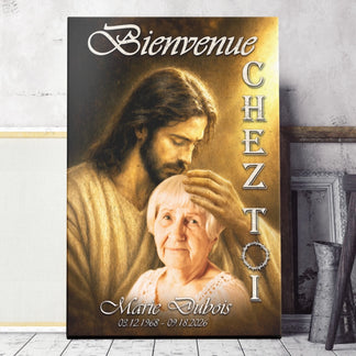 Toile souvenir deuil avec Jesus et Marie Dubois pour honorer une personne disparue avec un cadeau personnalise