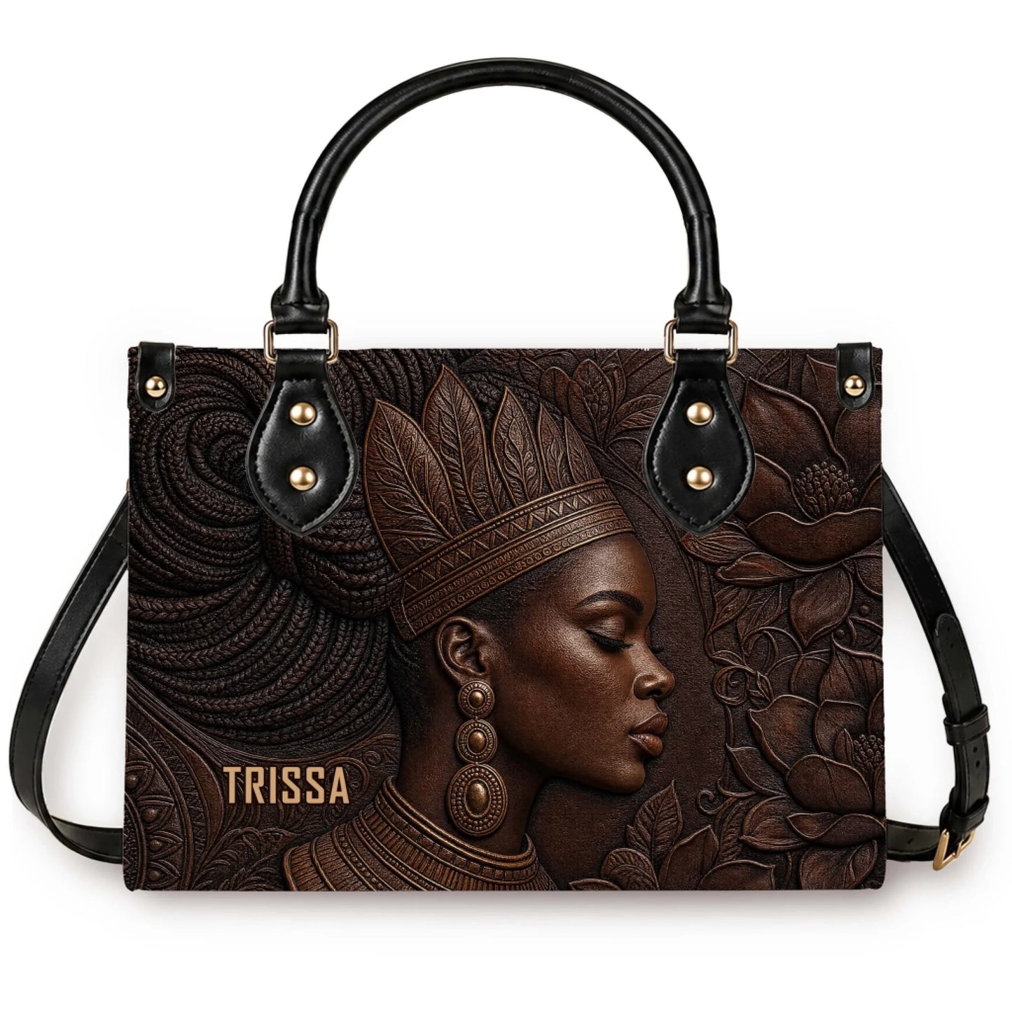 A stylish PU leather handbag featuring a beautiful embossed portrait of an African American woman with a crown.