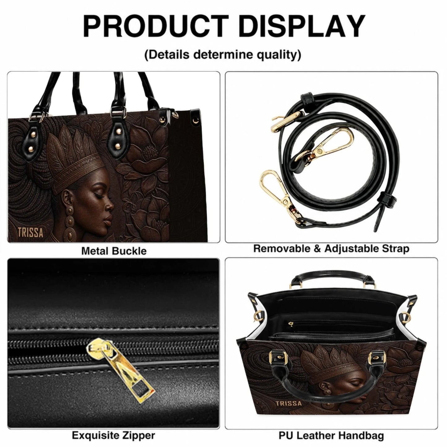 Detailed display of handbag features including the metal buckle, adjustable strap, zipper closure, and interior.