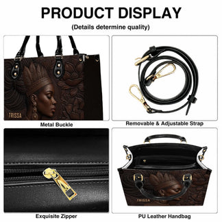 Detailed display of handbag features including the metal buckle, adjustable strap, zipper closure, and interior.