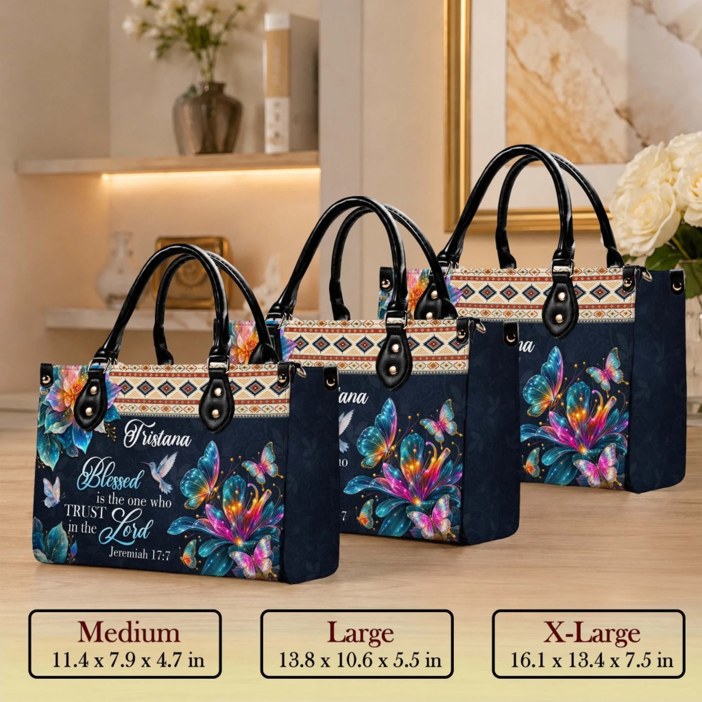 Personalized Tristana name handbags available in medium large and x large sizes with butterfly floral faith design.
