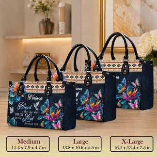Personalized Tristana name handbags available in medium large and x large sizes with butterfly floral faith design.