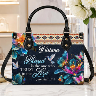 Personalized Tristana name handbag with Jeremiah 17 7 quote butterflies flowers and hummingbird faith theme.