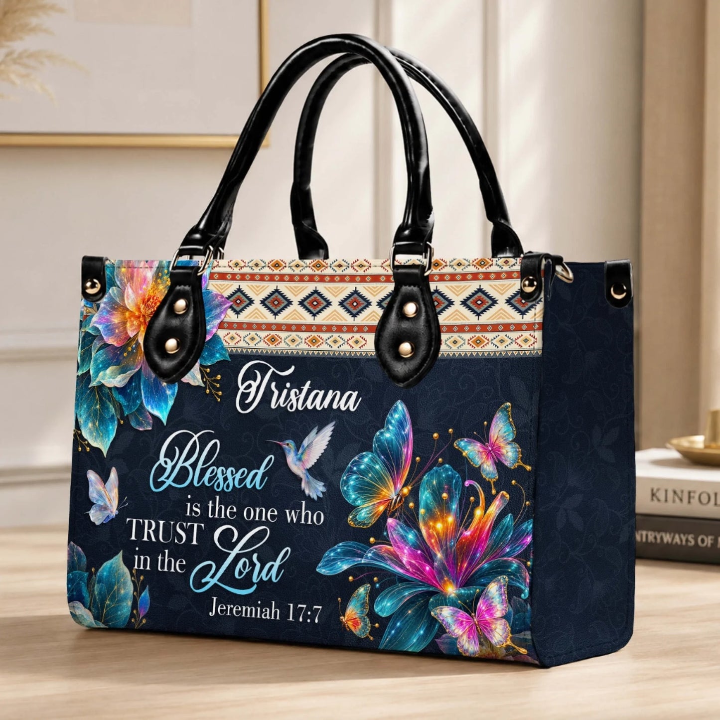 Custom Tristana name handbag with Jeremiah 17 7 floral butterfly and hummingbird design for faith based gifting.