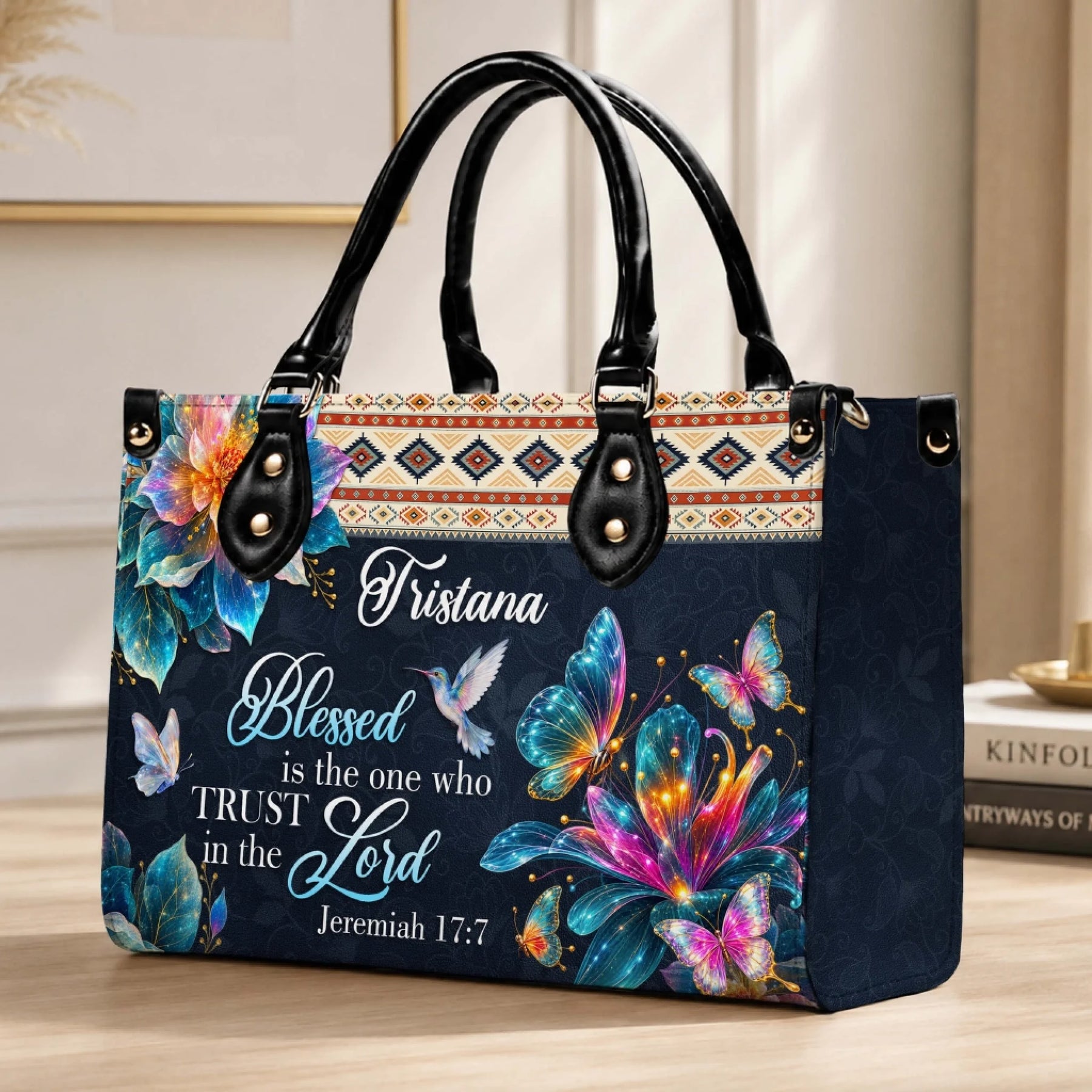 Custom Tristana name handbag with Jeremiah 17 7 floral butterfly and hummingbird design for faith based gifting.