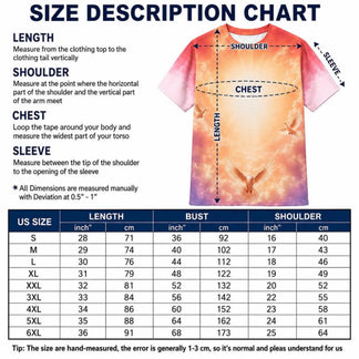 Size description chart for custom T-shirts showing length, bust, and shoulder measurements in inches and centimeters.