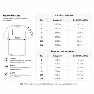 T-shirt size chart with length width and sleeve measurements in inches and centimeters for accurate garment fitting.