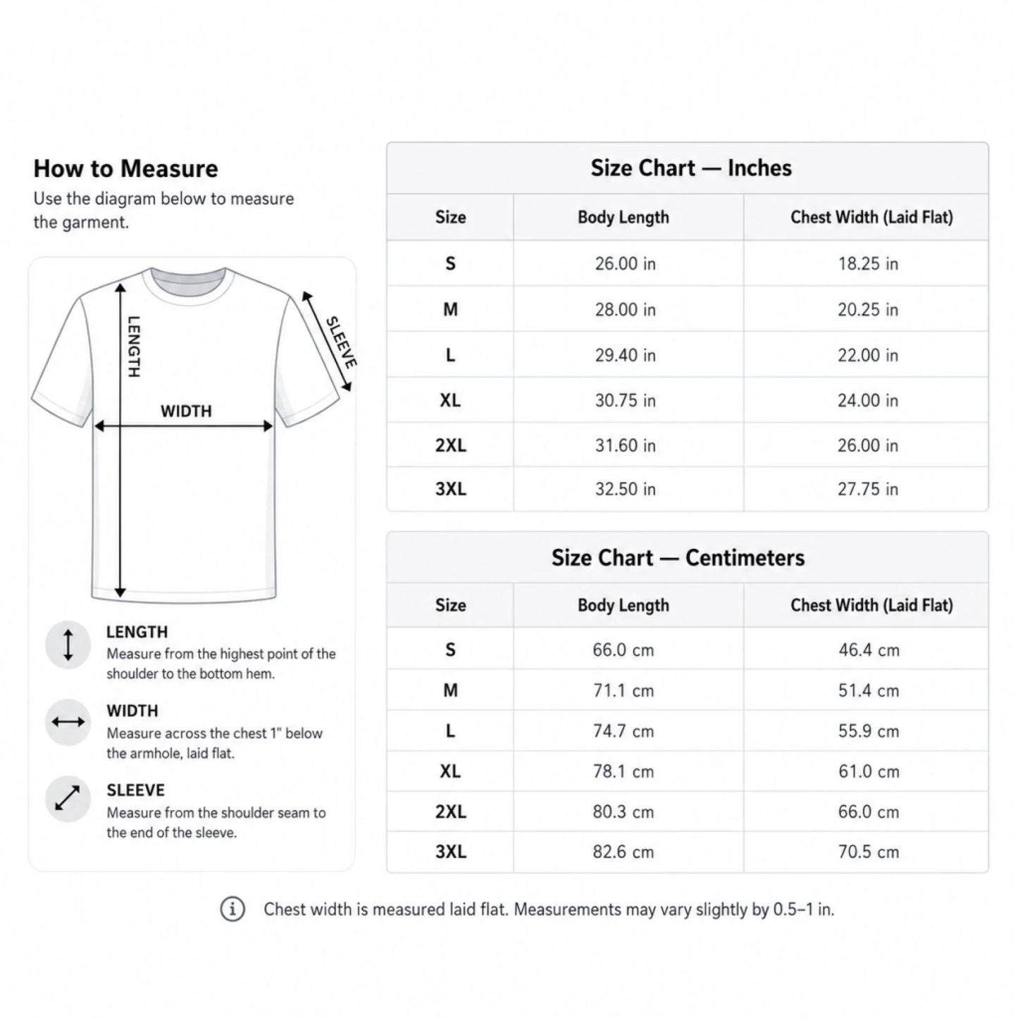 Size chart showing t-shirt body length and chest width measurements in both inches and centimeters for accurate sizing.