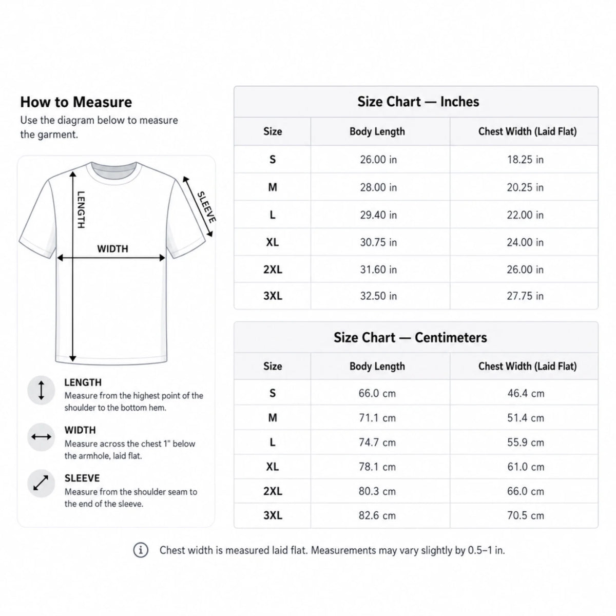 Size chart showing t-shirt body length and chest width measurements in both inches and centimeters for accurate sizing.