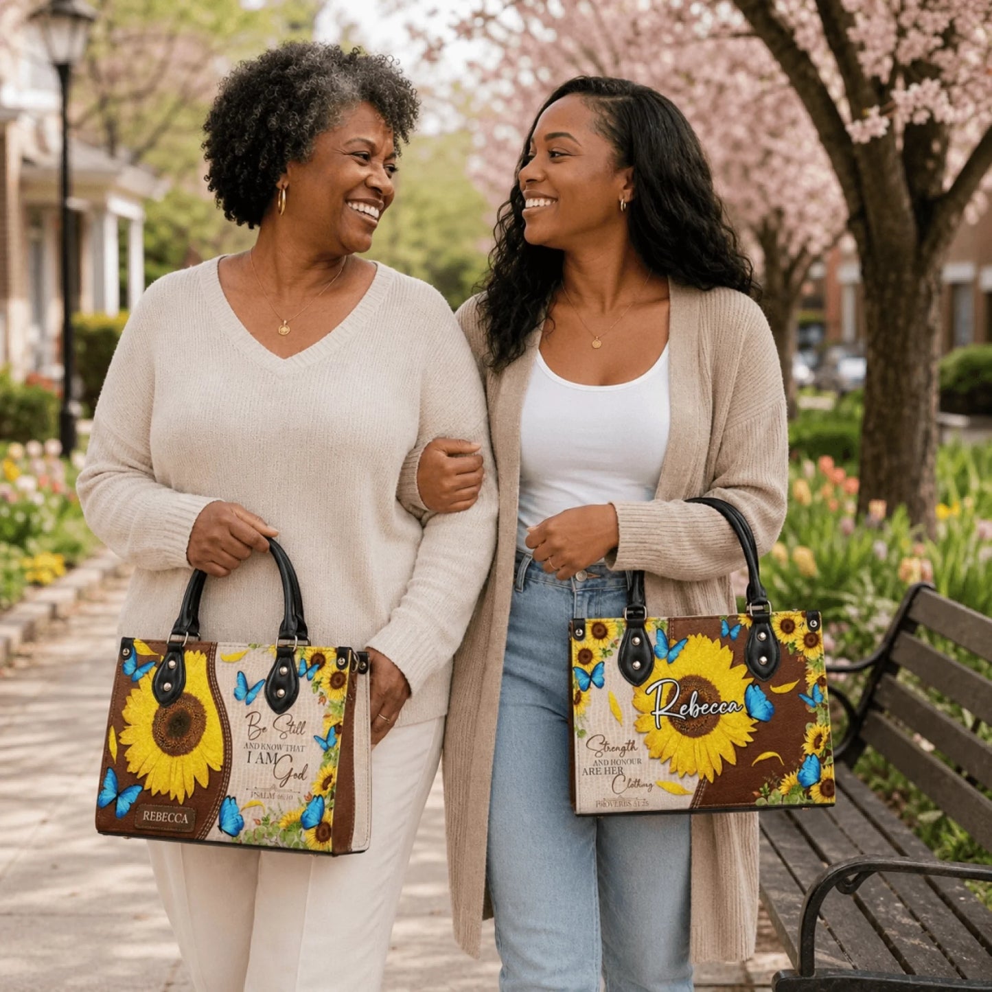 Two women smiling while carrying custom sunflower and butterfly tote bags with religious quotes on a spring walk.