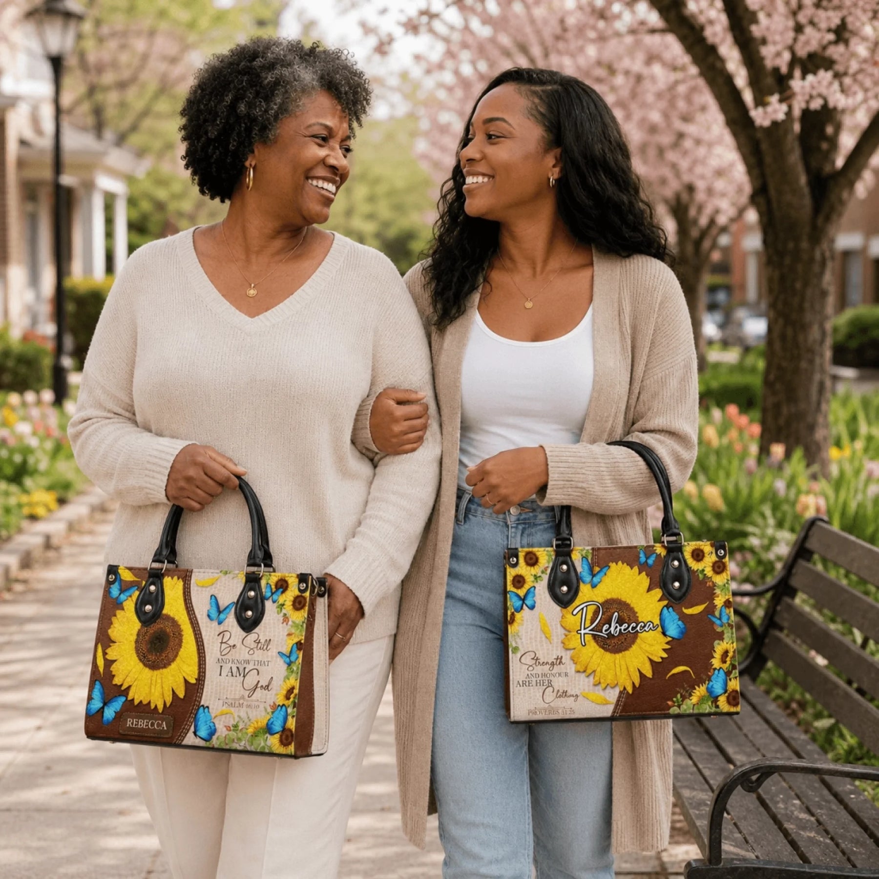 Two women smiling while carrying custom sunflower and butterfly tote bags with religious quotes on a spring walk.