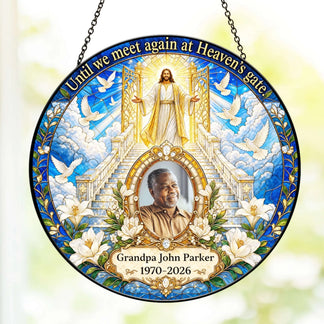 Decorative religious suncatcher with heaven gate imagery, custom portrait of Grandpa John Parker, and memorial dates.