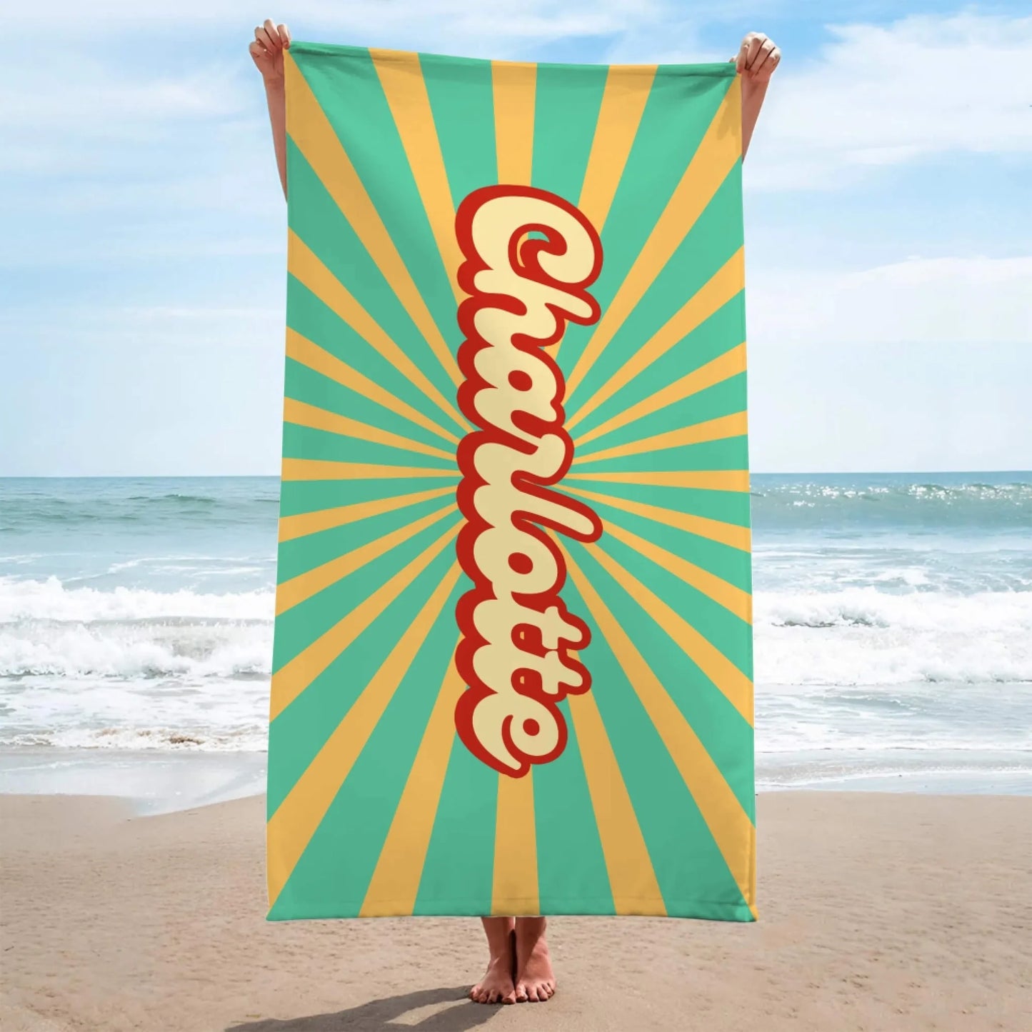 Vertical design personalized Charlotte beach towel featuring a 70s style sunburst pattern for beach lovers.