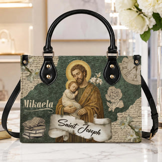 Elegant Saint Joseph themed shoulder bag featuring vintage religious artwork and custom name Mikaela personalization.