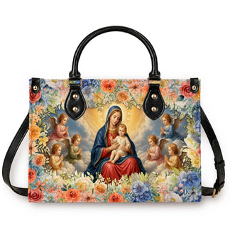 Beautifully printed handbag showcasing the Virgin Mary and baby Jesus surrounded by angels and colorful flowers for religious gift.
