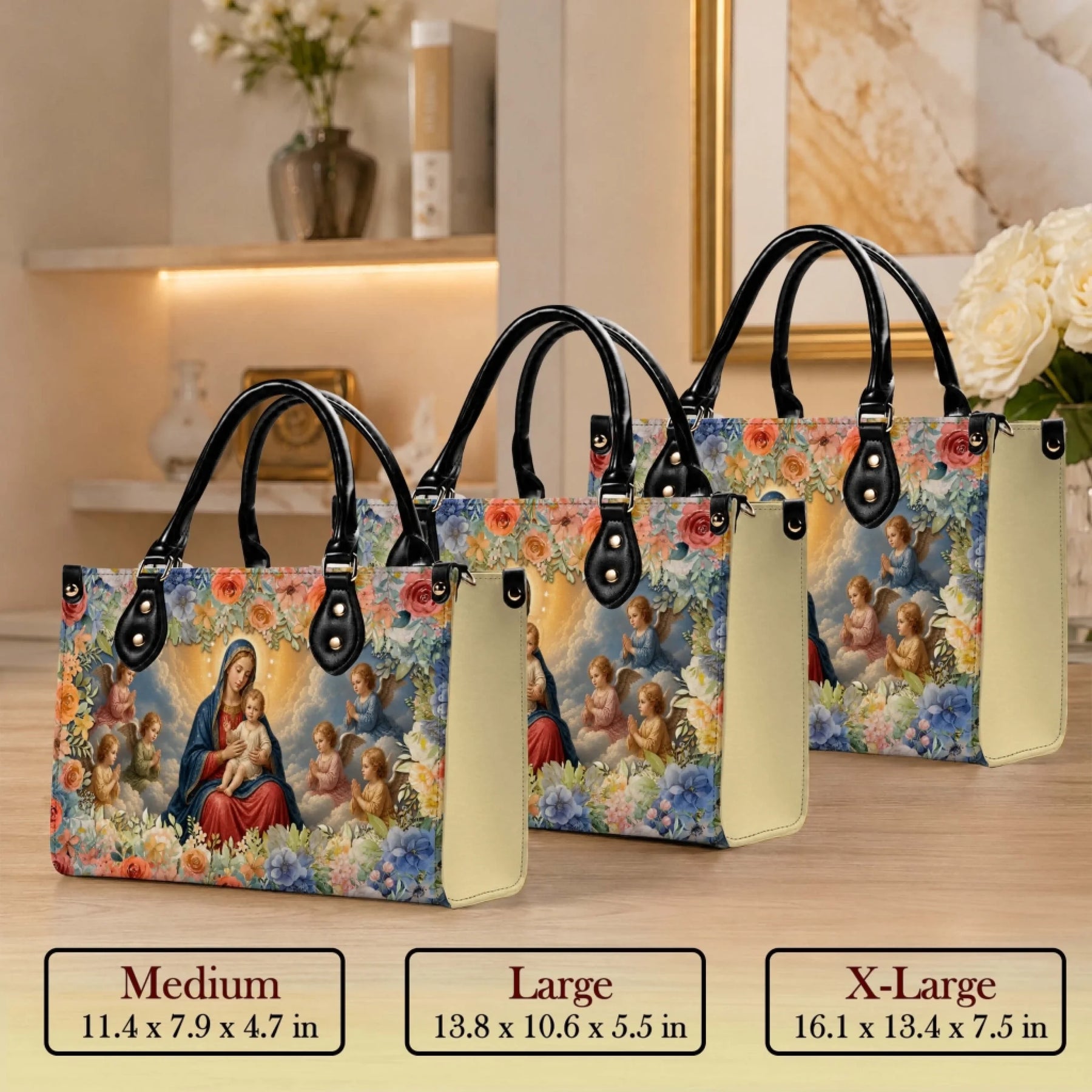 Religious Virgin Mary and baby Jesus PU leather tote handbag available in medium large and extra large sizes.