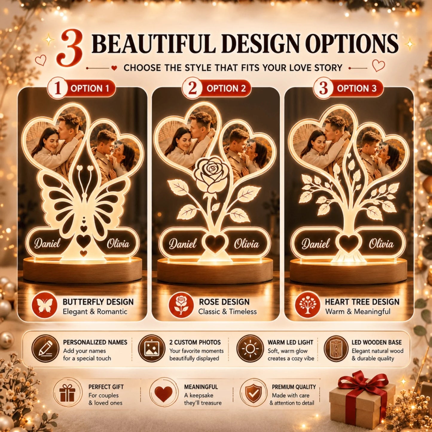 Three illuminated desk lamp design options are shown: a butterfly, a rose, and a heart tree, each with two photo frames and name plaques.