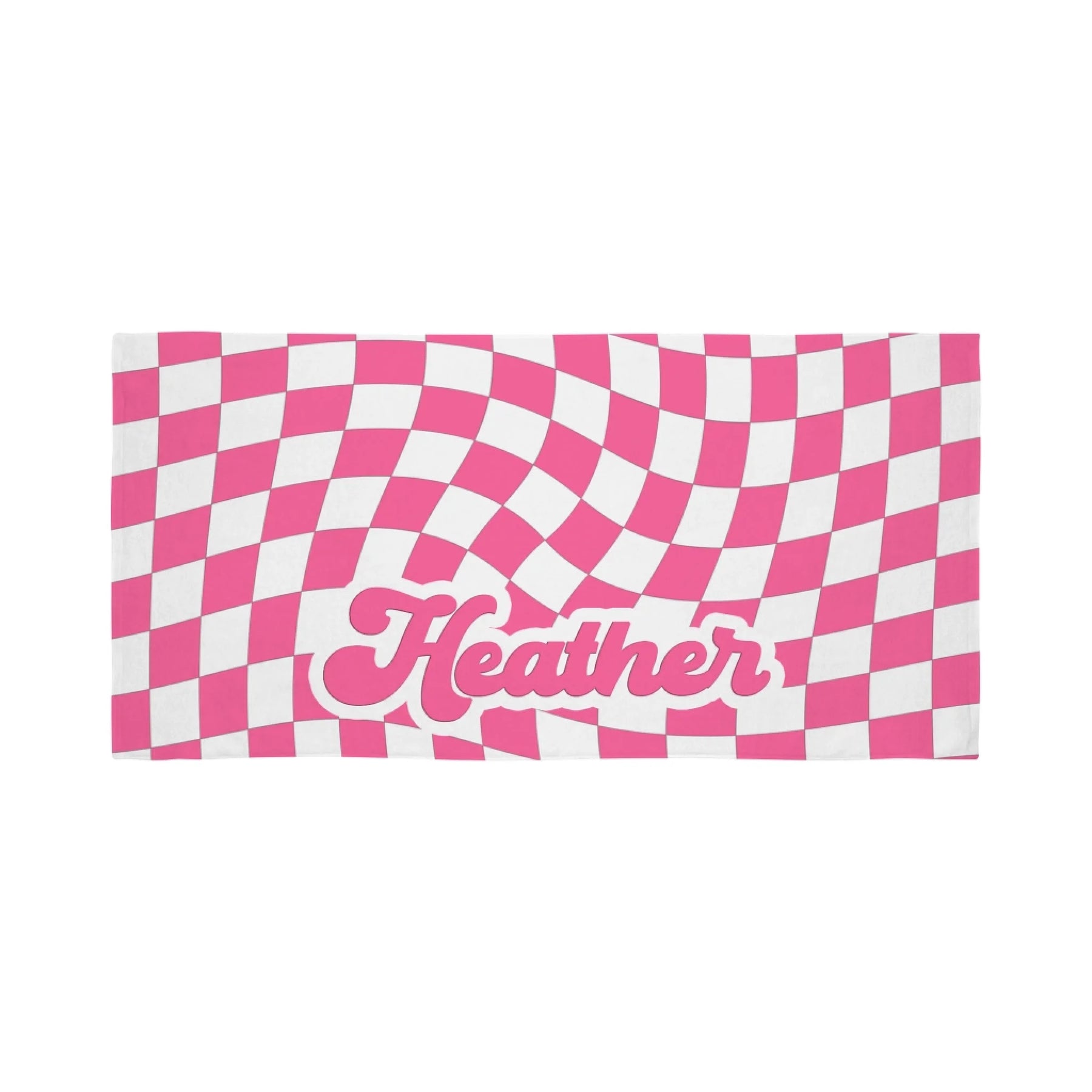 Trendy personalized pink checkerboard pattern beach towel with the name Heather, suitable for summer vacations.