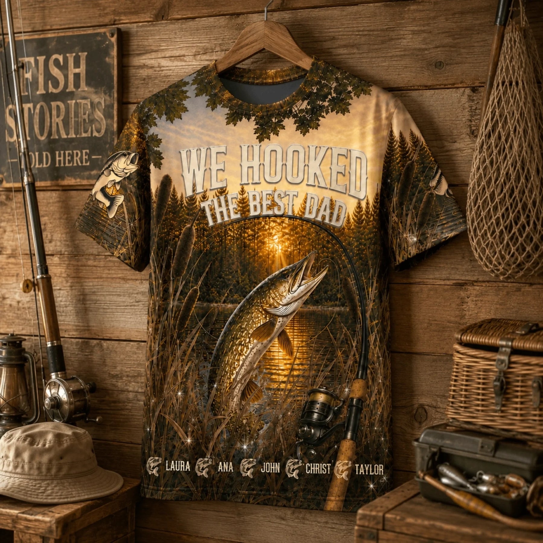 Personalized fishing t shirt with a bass and pike design and family names, ideal for dads who love fishing and outdoor gifts.