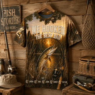 Personalized fishing t shirt with a bass and pike design and family names, ideal for dads who love fishing and outdoor gifts.
