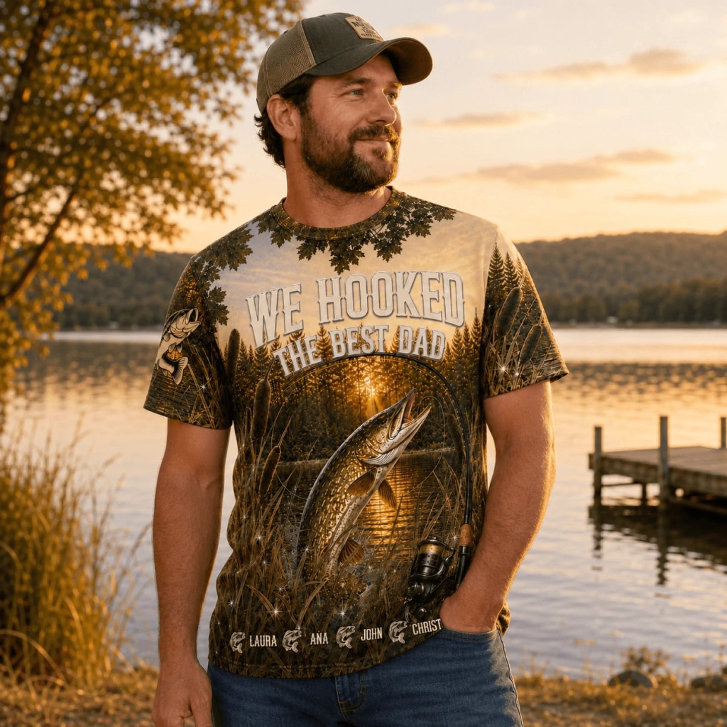 A man wearing a personalized fishing themed t shirt featuring a pike design with custom family names, perfect for Father Day.