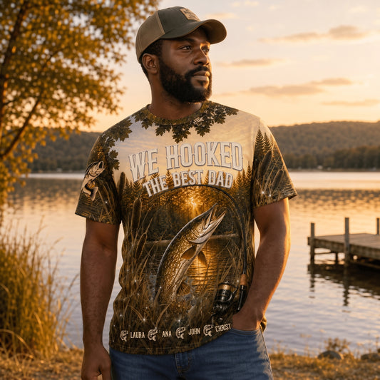 Personalized fishing t shirt for dad featuring a scenic lake sunset design and custom family names as a perfect Father's Day gift.