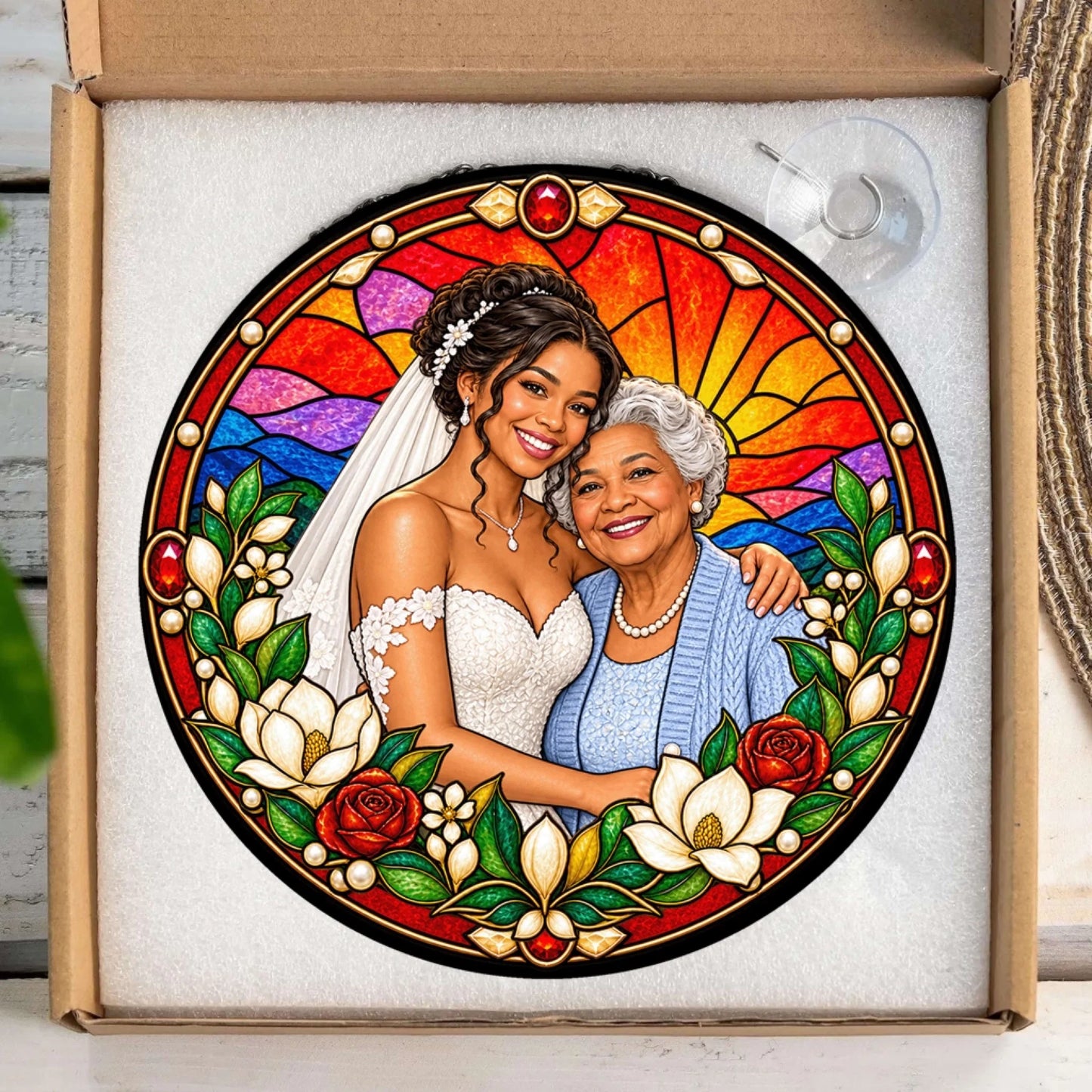 Custom stained glass suncatcher in packaging, featuring a beautiful illustration of a bride and her grandmother.