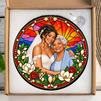 Custom stained glass suncatcher in packaging, featuring a beautiful illustration of a bride and her grandmother.
