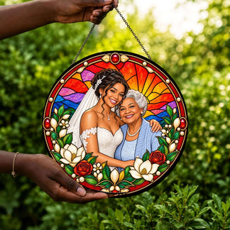 Stained glass art piece depicting a bride with her grandmother, a touching personalized gift for weddings or celebrations.