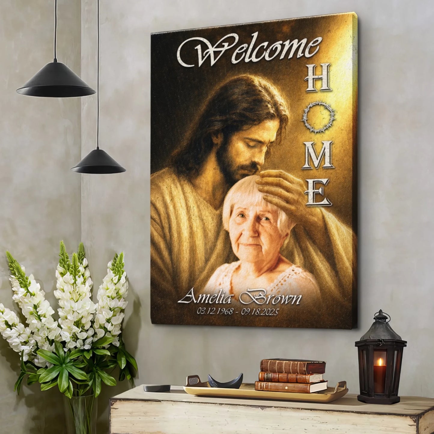 Personalized memorial canvas featuring Jesus welcoming a lady home, custom name and dates for sympathy bereavement gift.