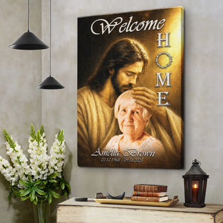 Personalized memorial canvas featuring Jesus welcoming a lady home, custom name and dates for sympathy bereavement gift.