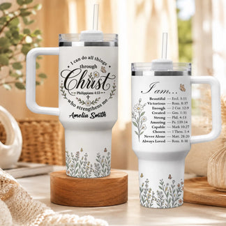 White stainless steel tumbler set with floral, butterfly, and bible verse designs and custom name personalization.