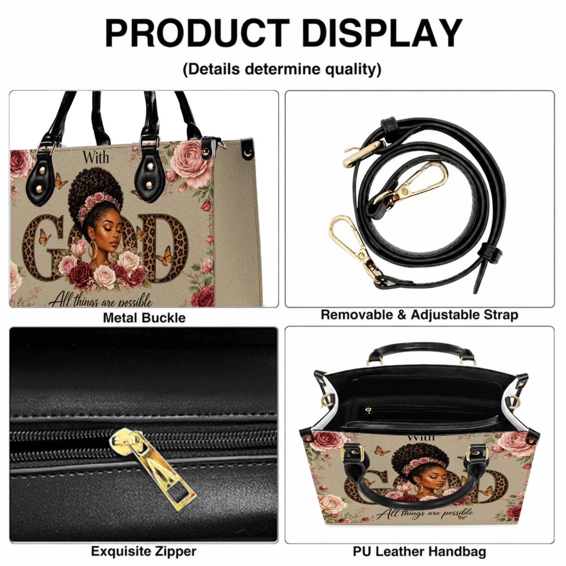 A PU leather handbag featuring a beautiful Black woman, floral roses, and the inspirational quote With God All Things Are Possible.