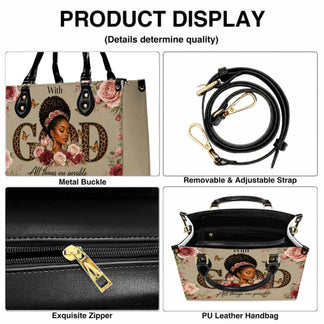 A PU leather handbag featuring a beautiful Black woman, floral roses, and the inspirational quote With God All Things Are Possible.