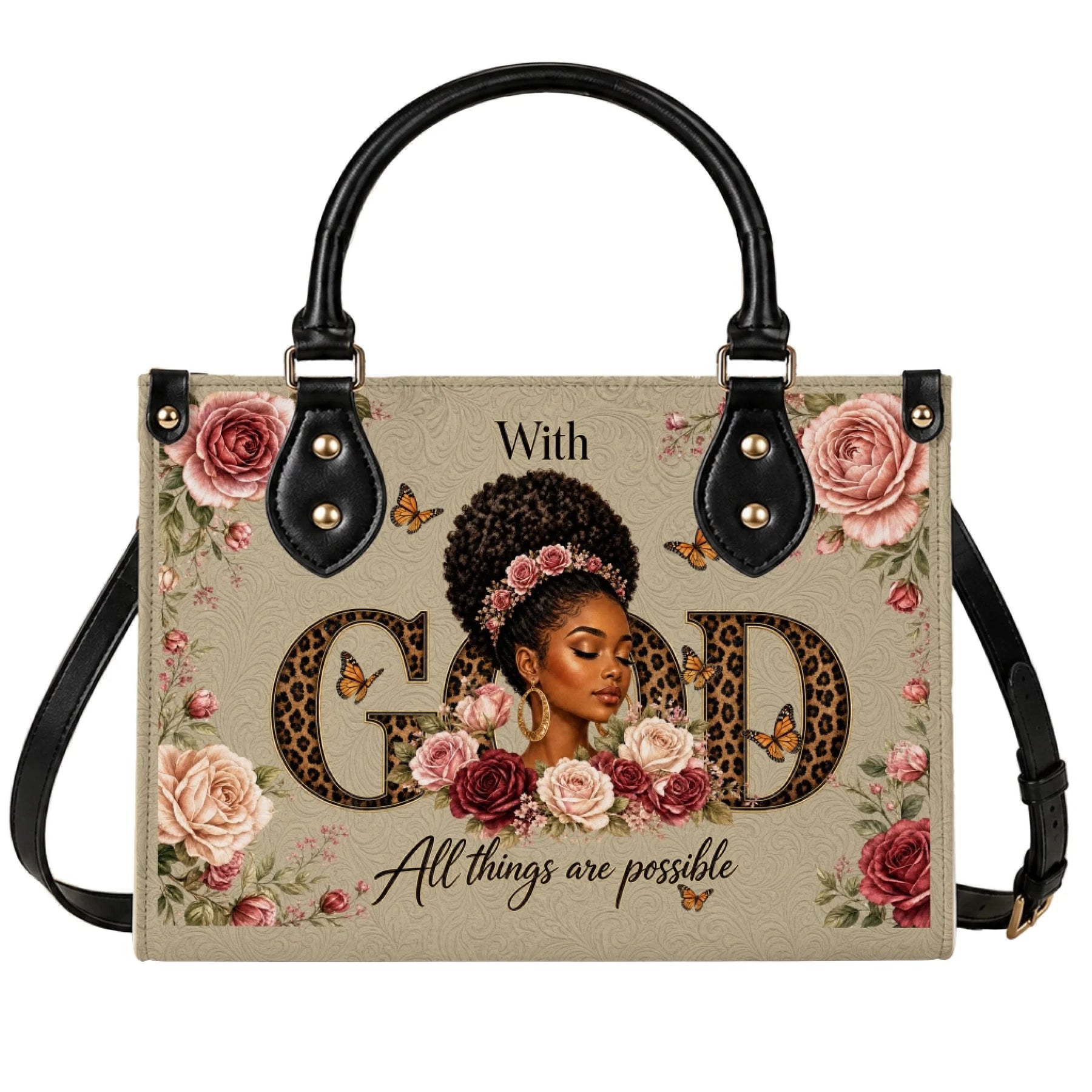A beige handbag featuring a black woman illustration, leopard print God lettering, floral accents, and butterflies.