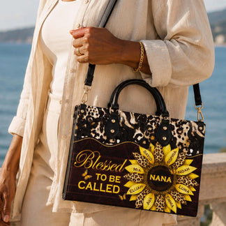 Stylish woman carrying a personalized Nana sunflower handbag, an ideal birthday or Mother's Day gift for grandmothers.
