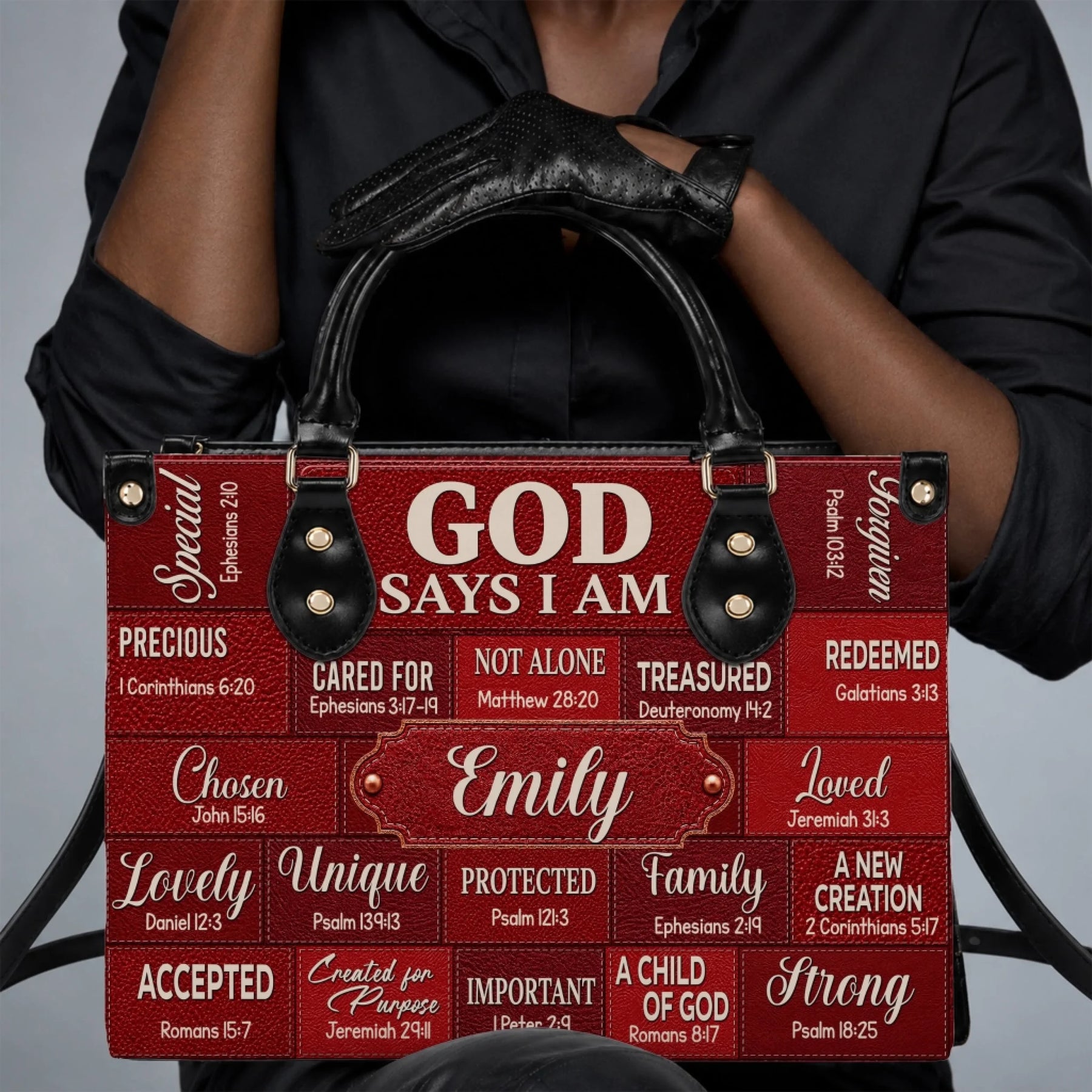 A woman holding a custom-named Emily religious leather handbag with Bible verses, perfect as an inspirational faith gift.